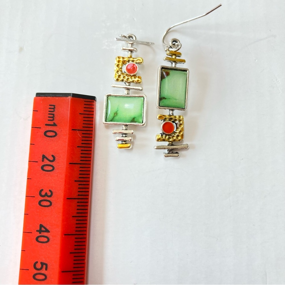 BNWT Green Onyx Marble Effect Geometric Silver Back Earrings - Chic & Versatile - Picture 6 of 10